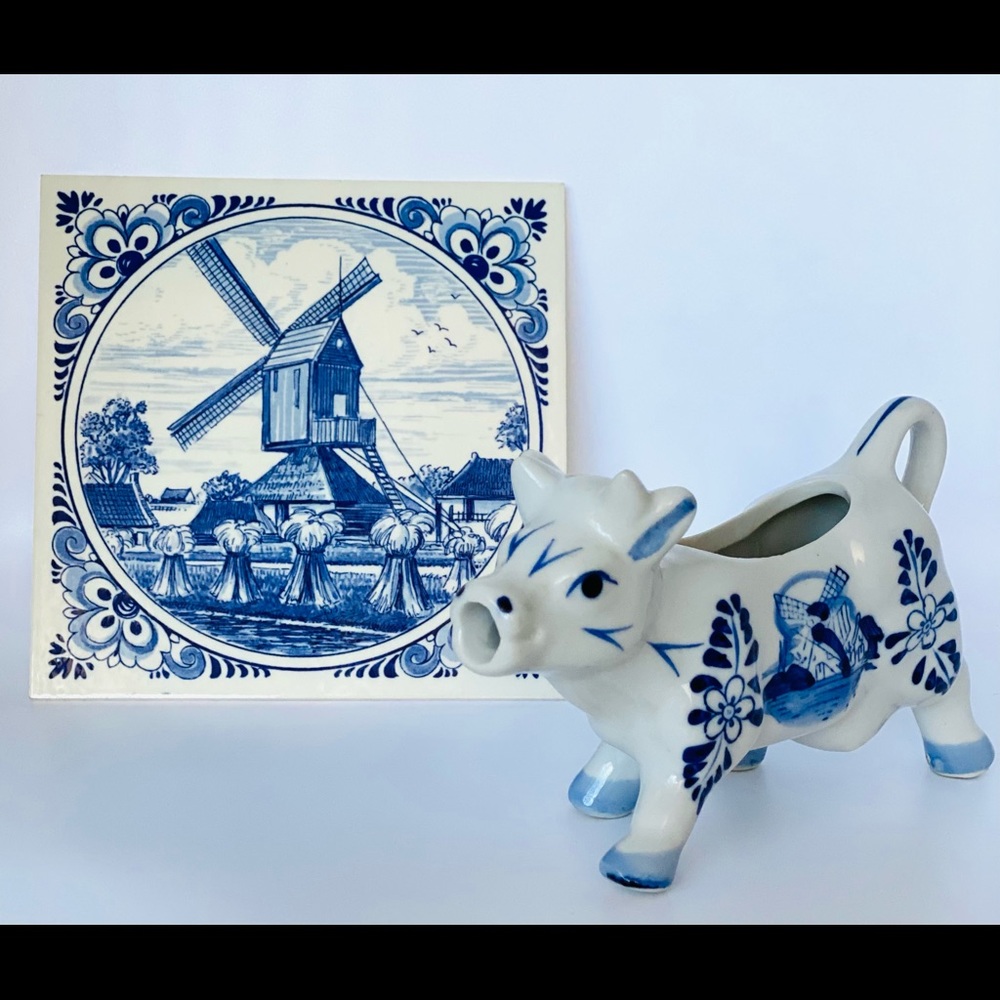 ❌SOLD❌Vintage porcelain PF Delft tile and Delft cow creamer